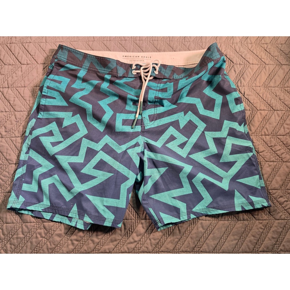 American Eagle Mens Board Shorts Large Teal Navy Geometric Zigzag Swim Trunks